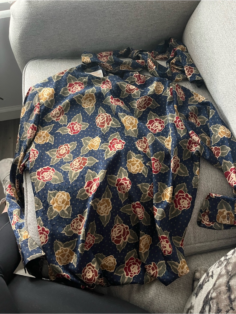 Vintage Navy Floral Blouse with Red and Mustard Roses